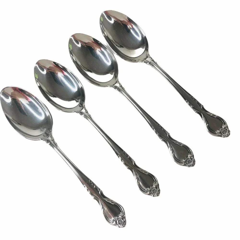 4 Lyon International Queens Fancy Soup Spoons Oval‎ Stainless Flatware Satin VTG